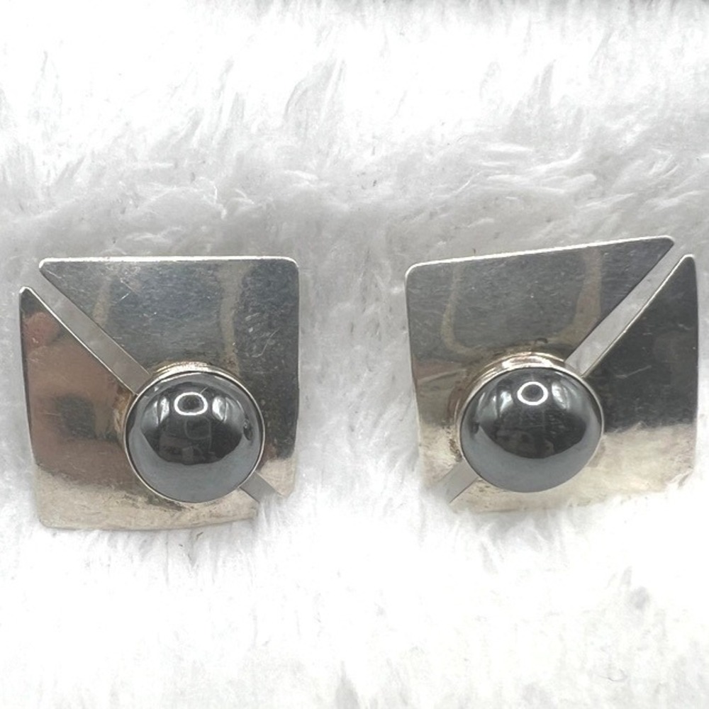 Vintage Sterling Silver Stud Earrings Hematite Stone‎ Modernist Geometric 7g